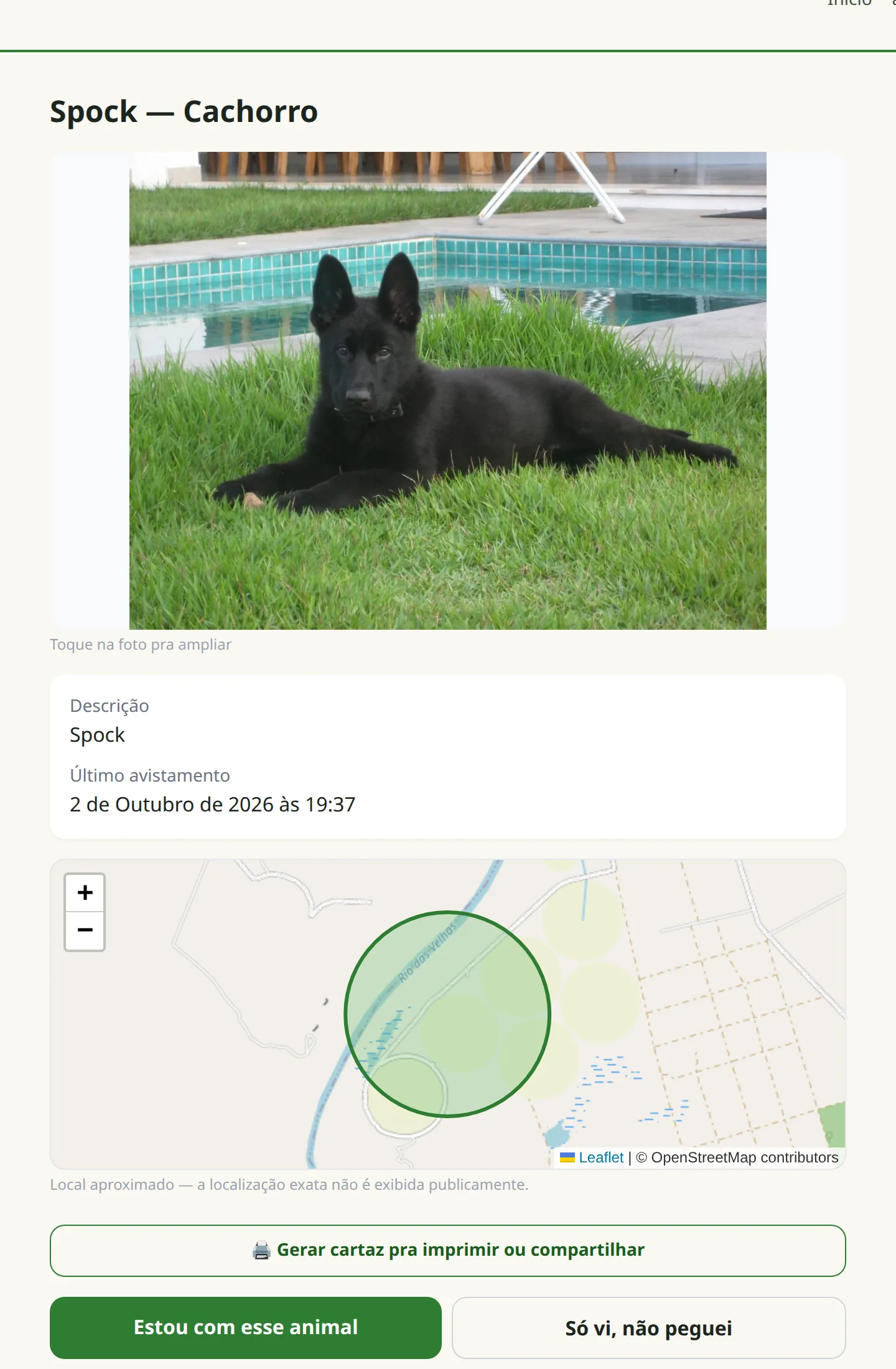 Página pública do animal